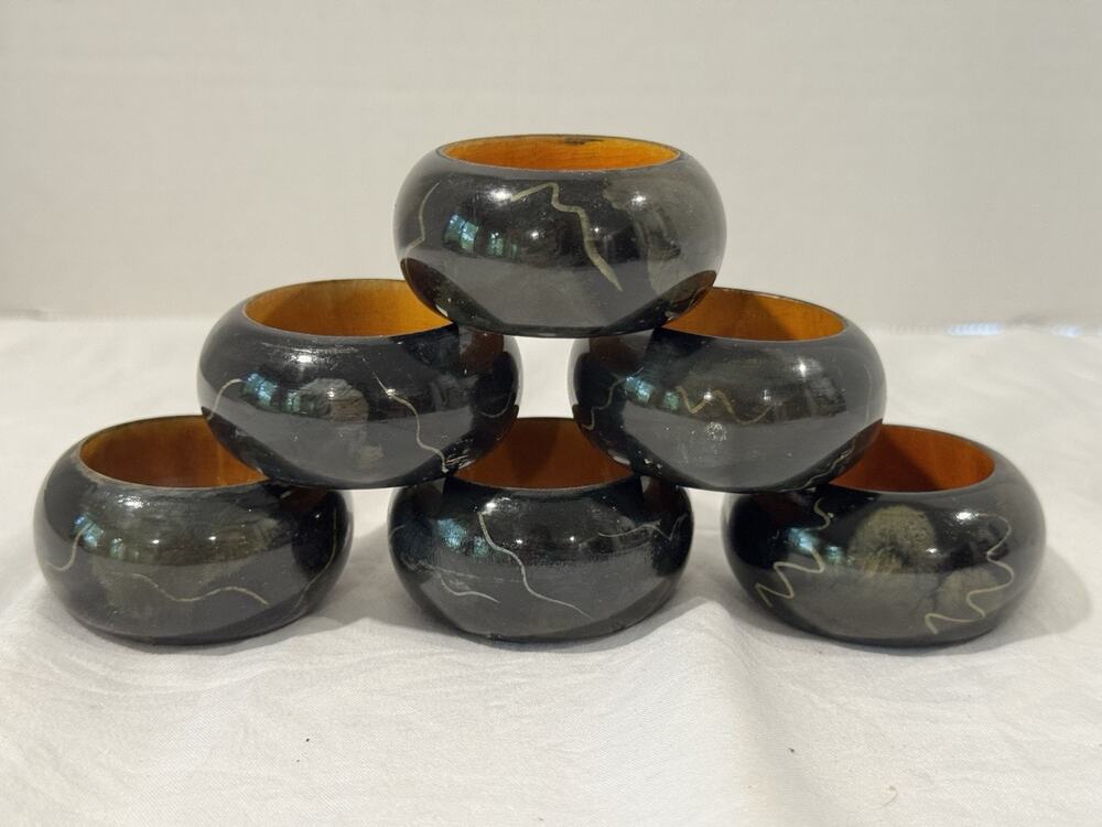 VTG Handpainted Wooden Lacquer Black Art Deco Napkin Rings Set Of 6